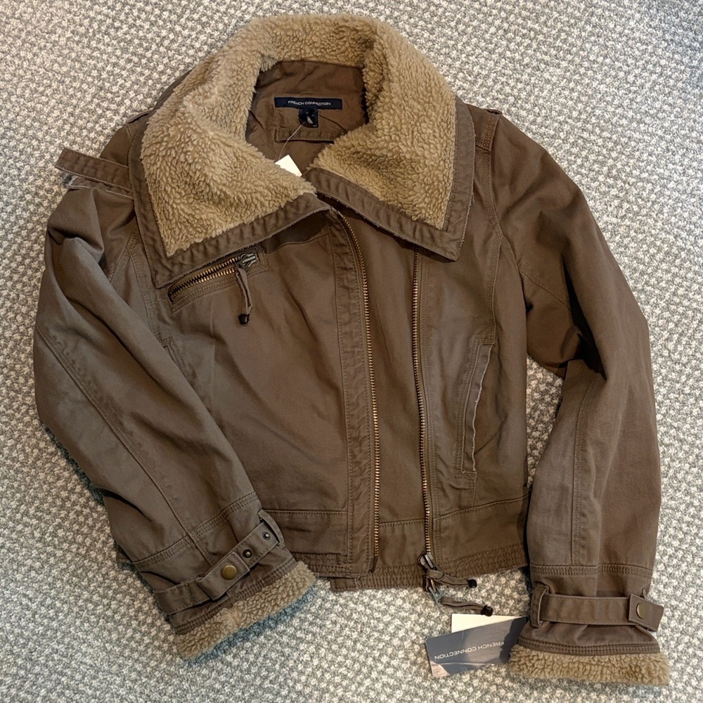 French Connection ARMY GREEN Sherpa Collar VINTAGE Jacket